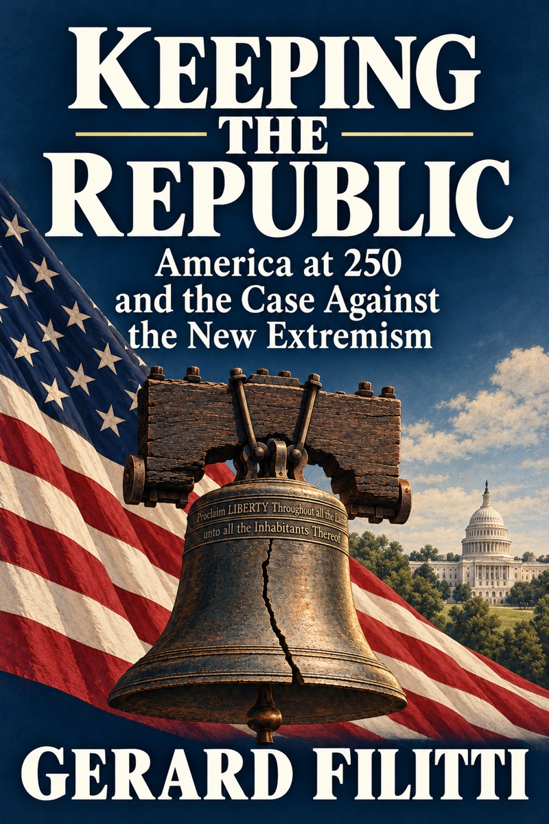Cover of Keeping the Republic: the cracked Liberty Bell in front of a waving American flag, with the U.S. Capitol in the distance, under a navy sky.
